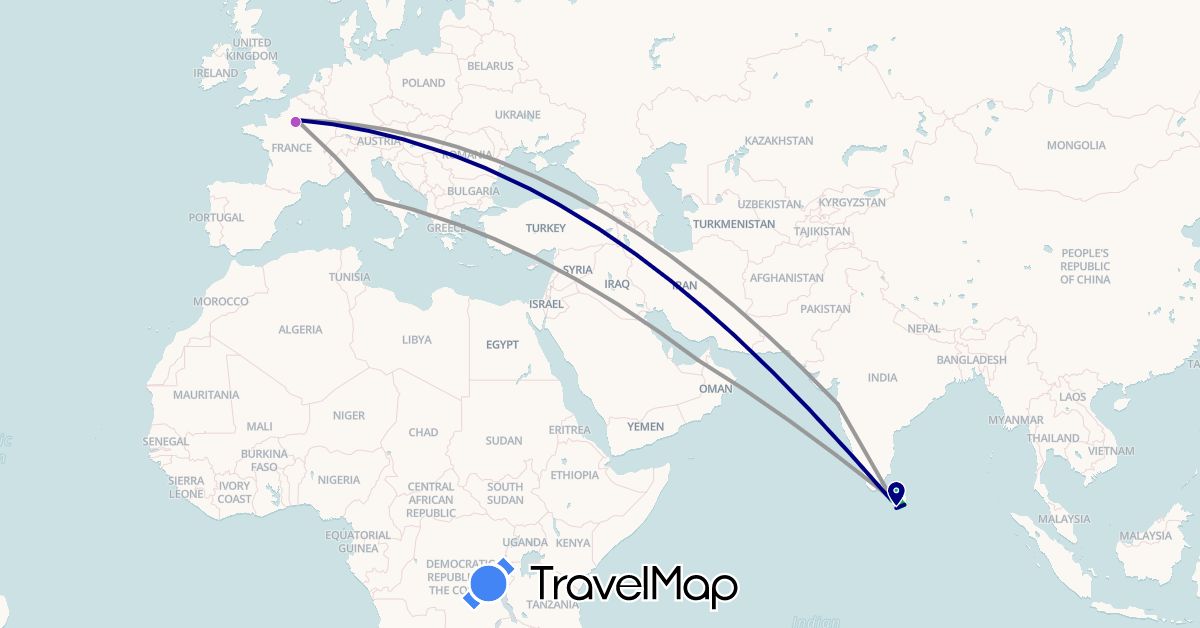 TravelMap itinerary: driving, bus, plane, train, boat in France, India, Sri Lanka (Asia, Europe)